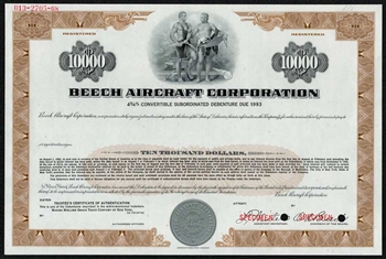 Beech Aircraft Specimen $10,000 Note Certificate
