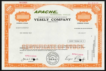 Vesely Company Specimen Stock Certificate - Apache Rec Vehicles