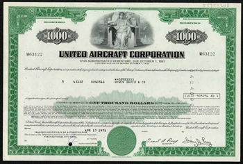 United Aircraft Corporation $1000 Bond - 1970s