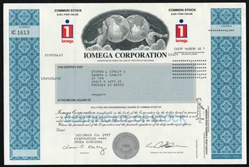 Iomega Corp. Stock Certificate