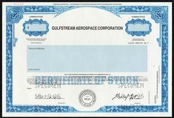 Gulfstream Aerospace Specimen Stock Certificate