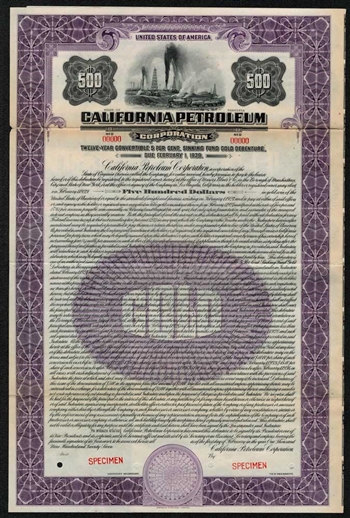 1927 California Petroleum $500 Gold Bond - Specimen - Now Texaco