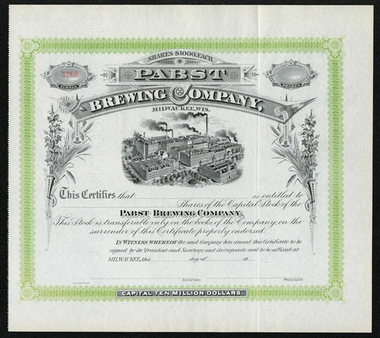 Pabst Brewing Company Stock Certificate