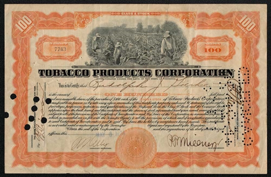 Tobacco Products Corporation Stock Certificate