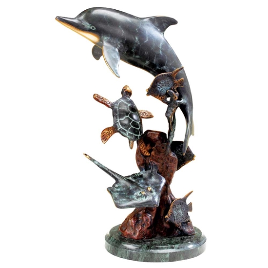 Dolphin and Undersea Friends Statue - Brass on Solid Marble Base
