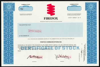 Firefox Communications Inc. Specimen Stock Certificate
