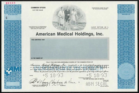 American Medical Holdings Specimen Stock Certificate