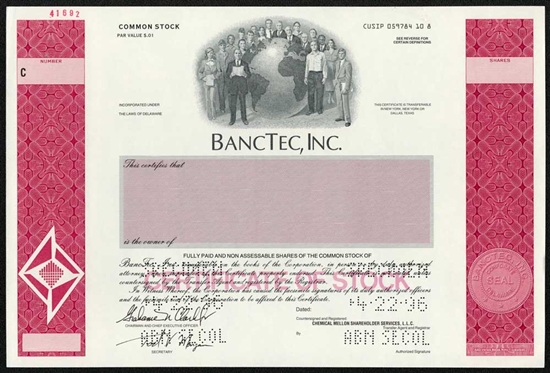 BancTec Inc. Specimen Stock Certificate
