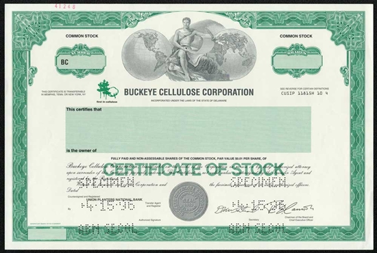 Buckeye Cellulose Corp Specimen Stock Certificate