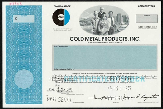 Cold Metal Products Specimen Stock Certificate