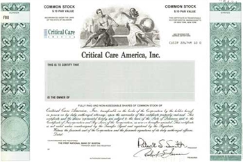 Critical Care America Specimen Stock Certificate