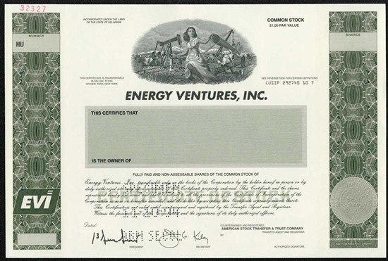 Energy Ventures Inc Specimen Stock Certificate