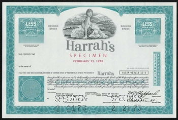 Harrah's Specimen Stock Certificate (casino) - RARE - 1973