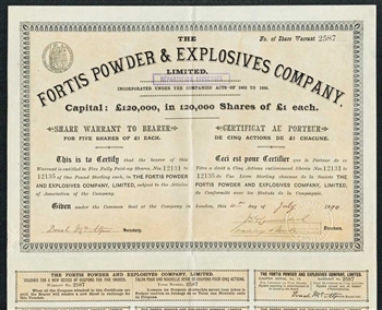 The Fortis Powder & Explosives Company Share Warrant Certificate - 1890