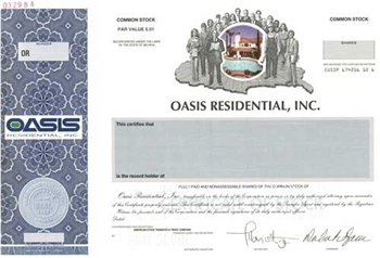 Oasis Residential Inc Specimen Stock Certificate