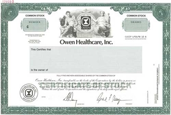 Owen Healthcare Specimen Stock Certificate