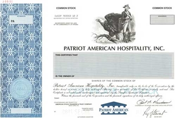 Patriot American Hospitality Specimen Stock Certificate