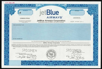 JetBlue Airways Specimen Stock Certificate