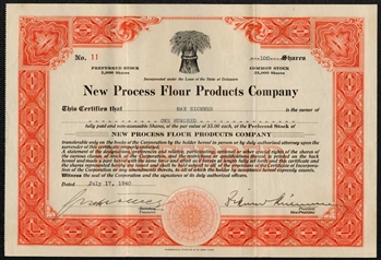 New Process Flour Products Co Stock Certificate  - 1940