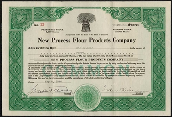 New Process Flour Products Co Stock Certificate  - 1940