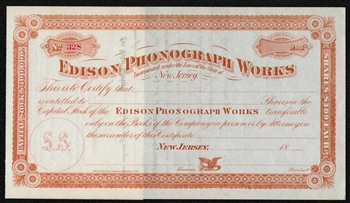 1888 - Edison Phonograph Works Stock Certificate - Thomas Edison