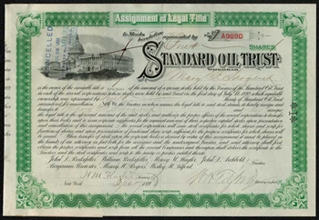 Standard Oil Trust Stock Certificate  - Signed by Henry M. Flagler & Wesley H. Tilford - 1897