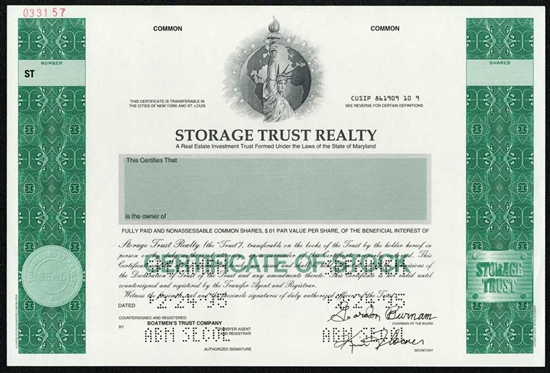 Storage Trust Realty Specimen Stock Certificate