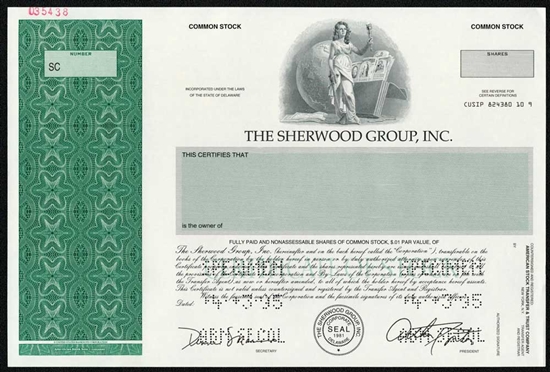 The Sherwood Group, Inc. Specimen Stock Certificate
