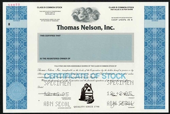 Thomas Nelson Inc Specimen Stock Certificate