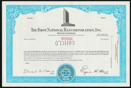 The First National Bancorporation, Inc.  Specimen Stock Certificate - Aqua