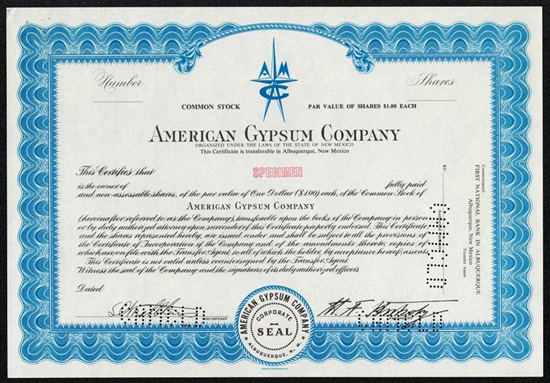 American Gypsum Company Specimen Stock Certificate