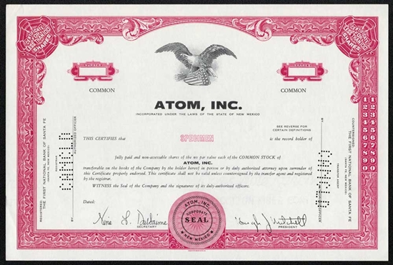 Atom, Inc. Specimen Stock Certificate - Red