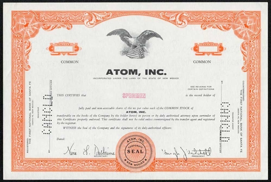 Atom, Inc. Specimen Stock Certificate - Orange