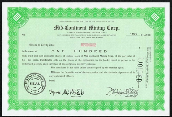 Mid-Continent Mining Corp. Specimen Stock Certificate