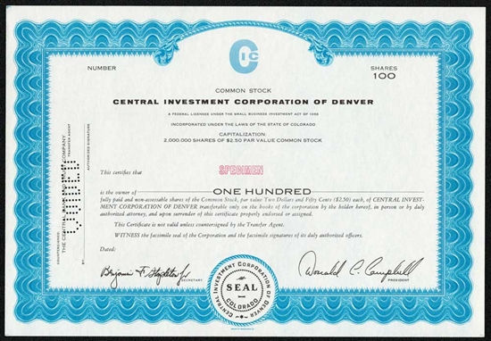 Central Investment Corporation of Denver Specimen Stock Certificate