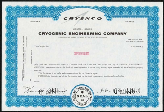Cryogenic Engineering Company Specimen Stock Certificate