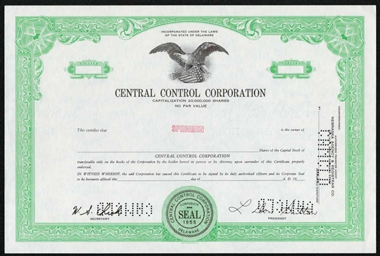 Central Control Corporation Specimen Stock Certificate