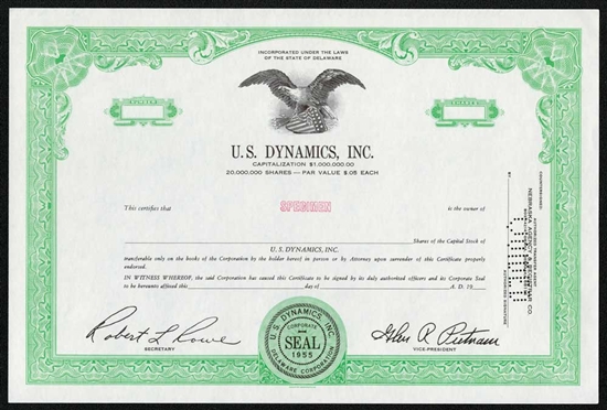 U.S. Dynamics, Inc. Specimen Stock Certificate