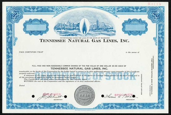 Tennessee Natural Gas Lines, Inc. Specimen Stock Certificate
