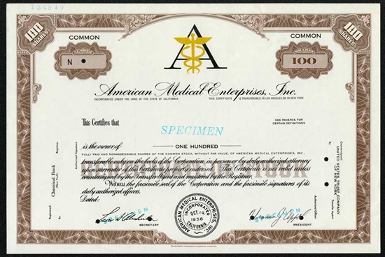 American Medical Enterprises, Inc.  Specimen Stock Certificate