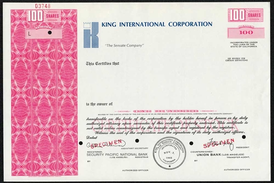King International Corporation Specimen Stock Certificate - Red