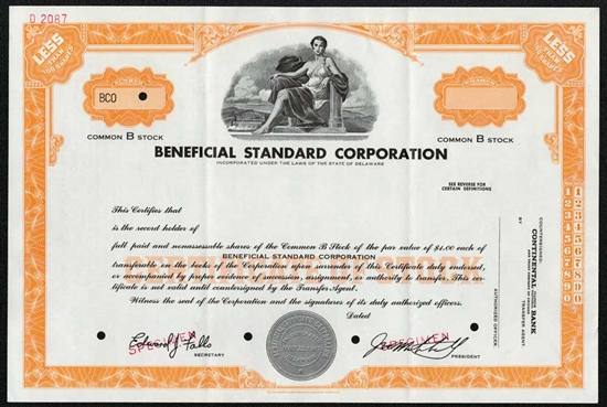 Beneficial Standard Corporation Specimen Stock Certificate