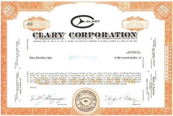 Clary Corporation Specimen Stock Certificate -Orange