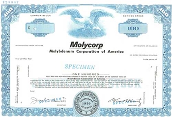 Molycorp Specimen Stock Certificate