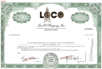 Love Oil Company, Inc. Specimen Stock Certificate - Green