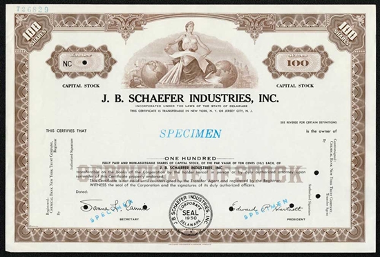 J.B. Schaefer Industires, Inc. Specimen Stock Certificate