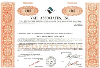 Vail Associates, Inc. Specimen Stock Certificate - Orange