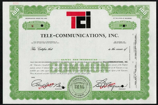 Tele-Communications, Inc. (TCI) Specimen Stock Certificate - Green