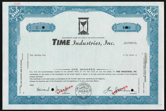Time Industries, Inc. Specimen Stock Certificate - Blue