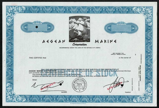 Aegean Marine Corporation Specimen Stock Certificate - Blue